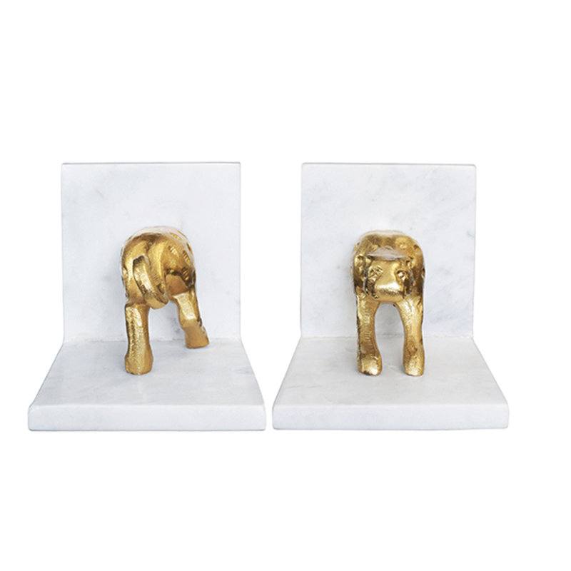 White Marble Bookends with Brass Leopard