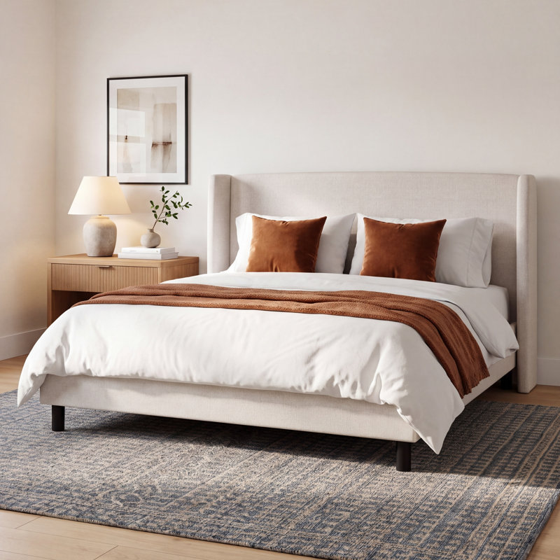 Tilly Upholstered Low Profile Platform Bed, Queen, Zuma White Textured Linen