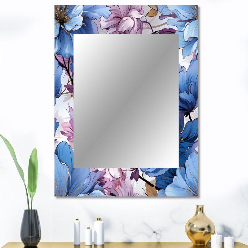 Mystical Aura Blue And Purple Floral Pattern - Floral Mirror, Cottage Decorative Wall Mirror, Printed Metal Art, 40" x 30"