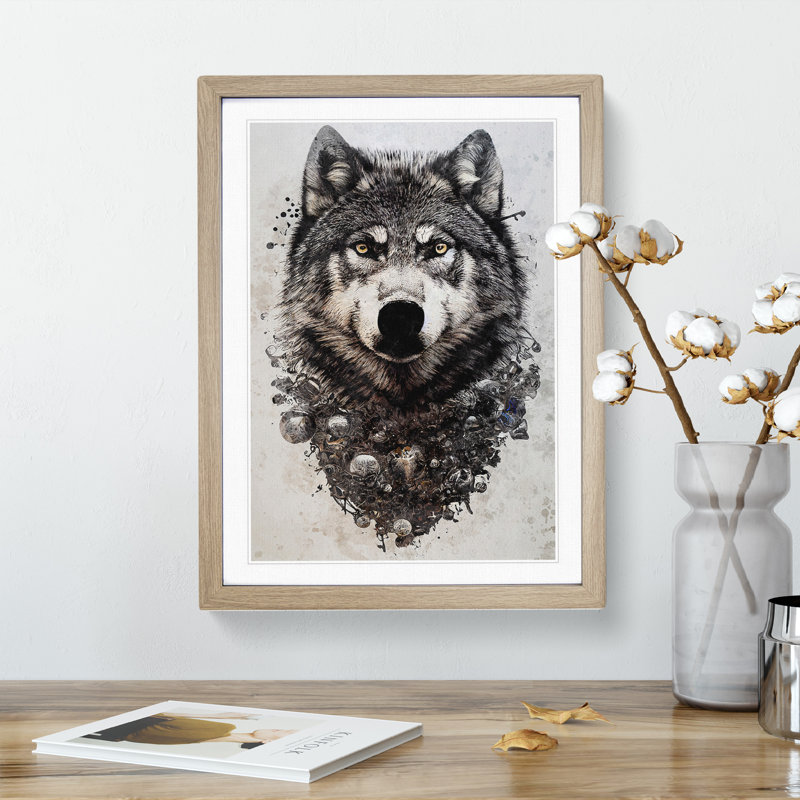 Graffiti Wolf No.1 - Single Picture Frame Print, 34cm H x 25cm W x 2cm D, Oak