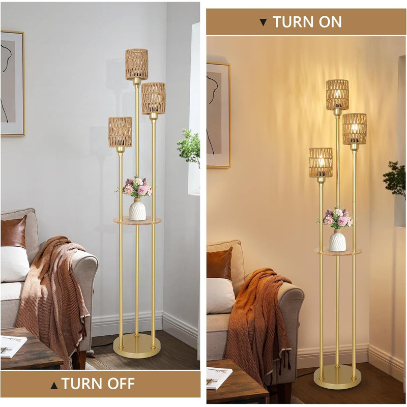 Boho Rattan Floor Lamp With Shelves, 3-Light Farmhouse Standing Lamp For Living Room