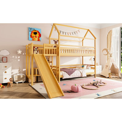 Lit superposé simple avec apparence de maison charmante, glissade, escalier de rangement et guide d'assemblage facile pour une structure en forme de maison, pour un sommeil sécuritaire