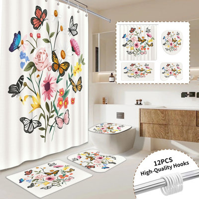 Ensemble de rideau de douche à motif floral 4 pièces, ensemble de rideau de salle de bain à motif floral avec 12 crochets inclus, tapis antidérapant pour la salle de bain, tapis de toilette en U, housse de couvercle de toilette, accessoires de salle d
