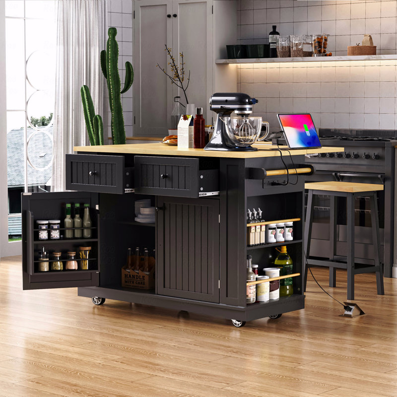 48Inch Large Kitchen Island With 2 Bar Stools, Power Outlet, Door Internal Storage Rack, Kitchen Storage Cart On 5 Wheels With Drop Leaf, 5 Open Side Racks, 2 Drawers
