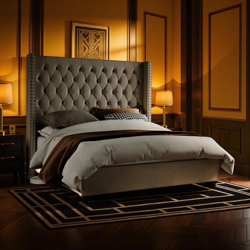 Bed Frame with 61.4" Tall Headboard Upholstered Velvet Platform Bed, Cream, King