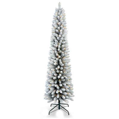 Arbre de Noël enneigé 7 pi avec 200 lumières DEL blanc chaud - Arbre en PVC mince enneigé avec 469 pointes, support en métal, conception compacte, facile à installer