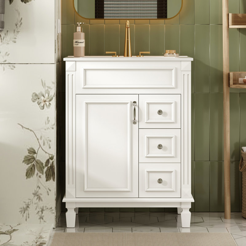 Meuble-lavabo moderne de 24 po avec lavabo en céramique, 2 tiroirs et tablette réglable, Blanc, Blanc