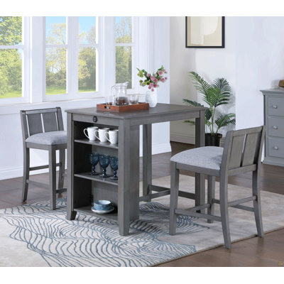 Gregorio 36" 3-Piece Gray Finish Small Space Counter Height Dining Table With Shelves And 2 Chairs