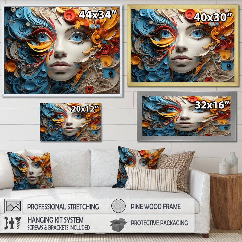 «Surréalisme bleu et lecture femme collage sur toile», Encadrement doré, H 16 po x l 32 po x P 1 po