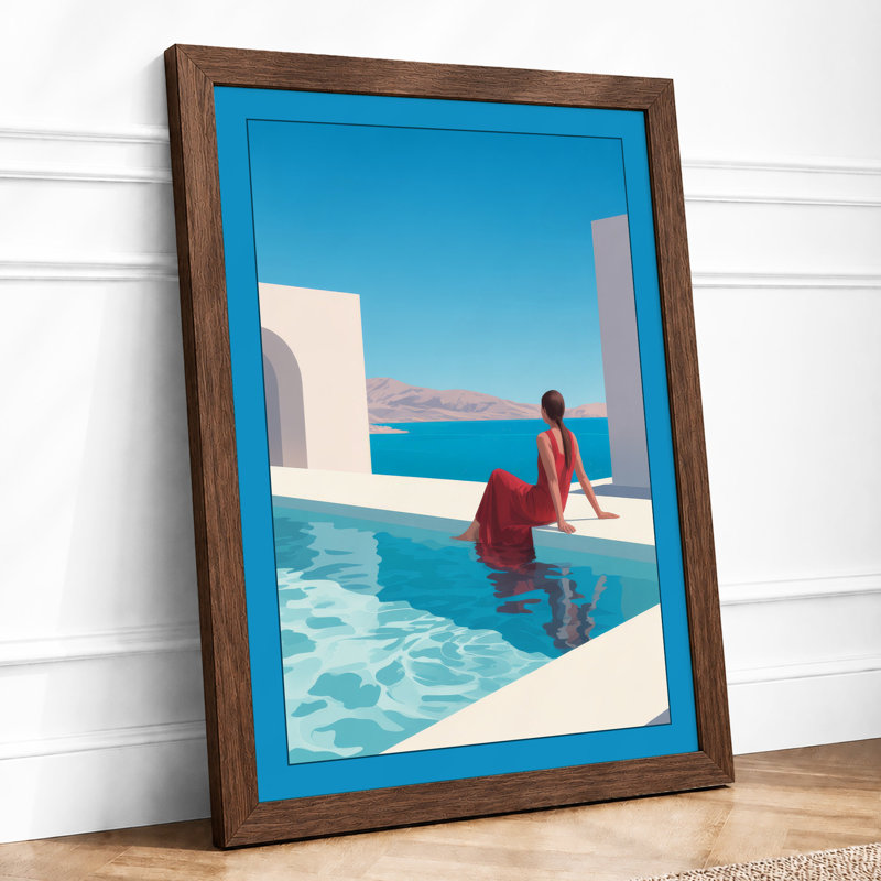 Red Dress at Poolside Modern - Framed Print, A3 - 42.0 x 29.7 cm, Walnut