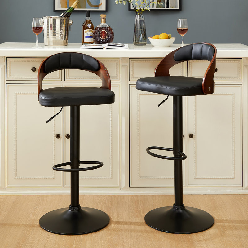  George Set of 2 Adjustable Height Bar Stools Mid-Century Modern Faux Leather Wood Chair 360° Swivel, Industrial Pedestal Base, for Kitchen, Counter, Home Bar