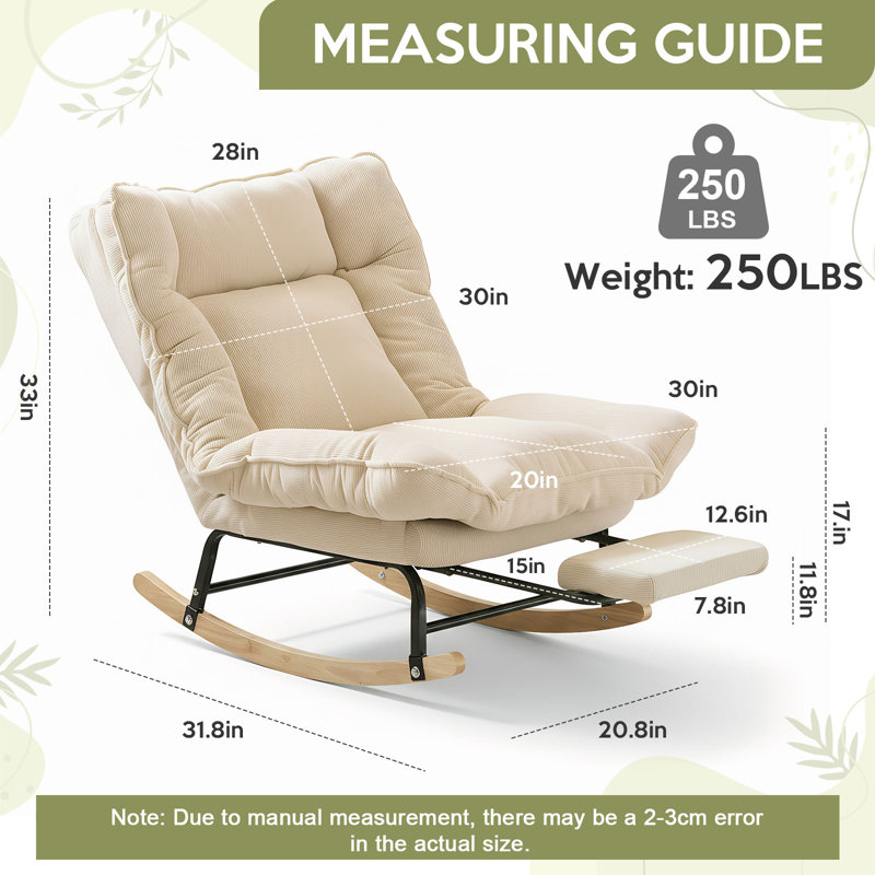 Corduroy Rocking Chair with Adjustable Back & Ottoman – Cozy Upholstered Lounge Seat for Living Room Nursery, Off-White
