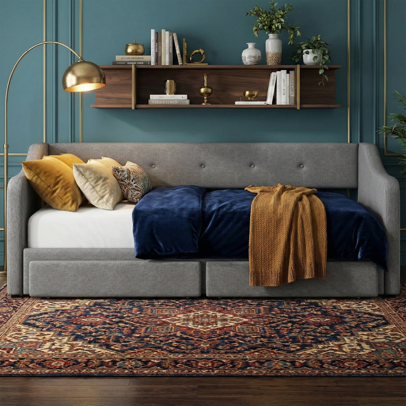 Lit de jour simple à très grand L 85 po - revêtu de lin beige, 2 tiroirs de rangement, capitonné, Gris