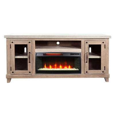 Anva TV Media Console, 64 Inch Light Gray Top, 2 Glass Doors, Brown