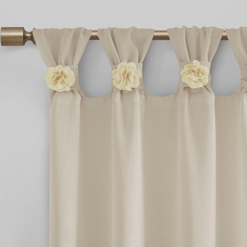 Floral Embellished Cuff Tab Top Solid Curtain Panel, Lightweight Faux Linen Sheer For  Home Decor, Beige, 50.02" W x 63.03" L