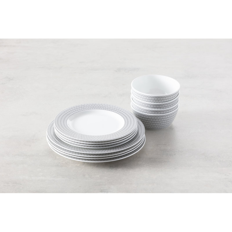 Fortessa Ornament  Bone China, 12 Piece Dinnerware Set (Service for 4), Black, Black