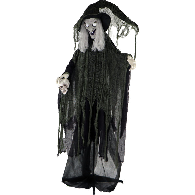 Haunted Hill Farm Life-Size Scary Talking Witch Holding Skull, Halloween Animatronic