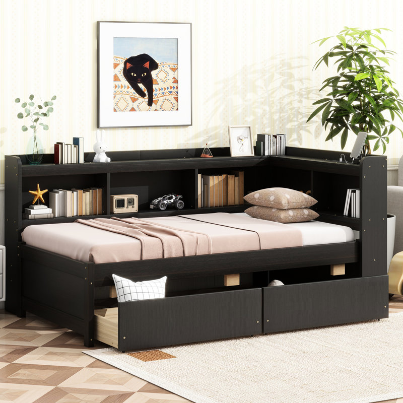 Twin Bed With L-Shaped Bookcases & Power Outlets, 2 Storage Drawers, Made Of Pine Size Bed, , Charging Strong Wood, Espresso