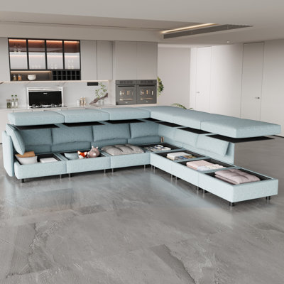 Canapé-lit et canapé modulaire avec rangement, 6 pièces en chenille bleue antique pour salon avec fonctionnalité, surface