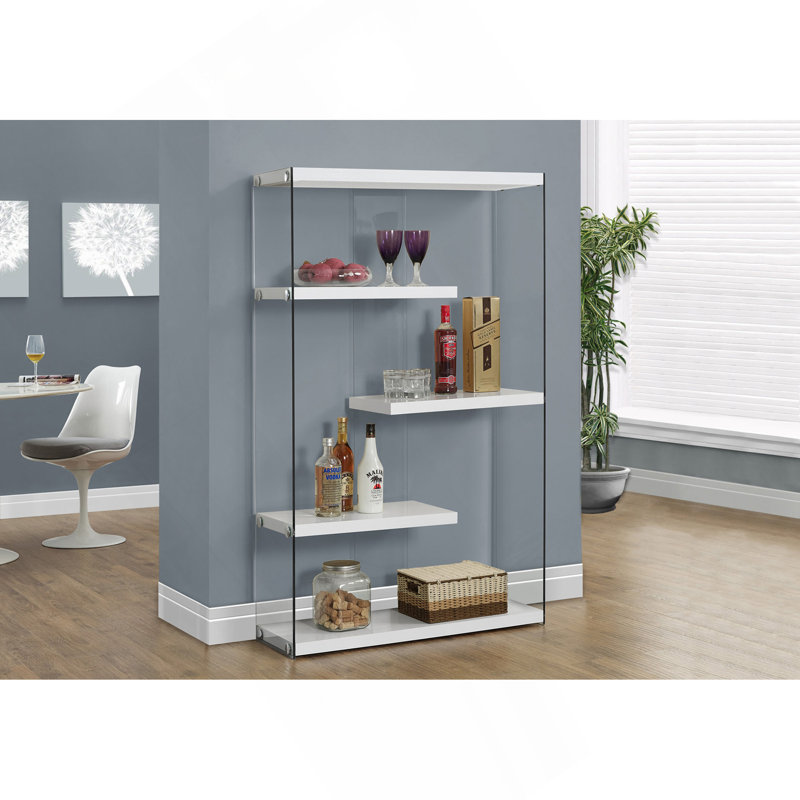 Bookshelf, Bookcase, Etagere, 5 Tier, 60"H, Office, Bedroom, Glossy White Laminate, Clear Tempered Glass, Contemporary, Modern