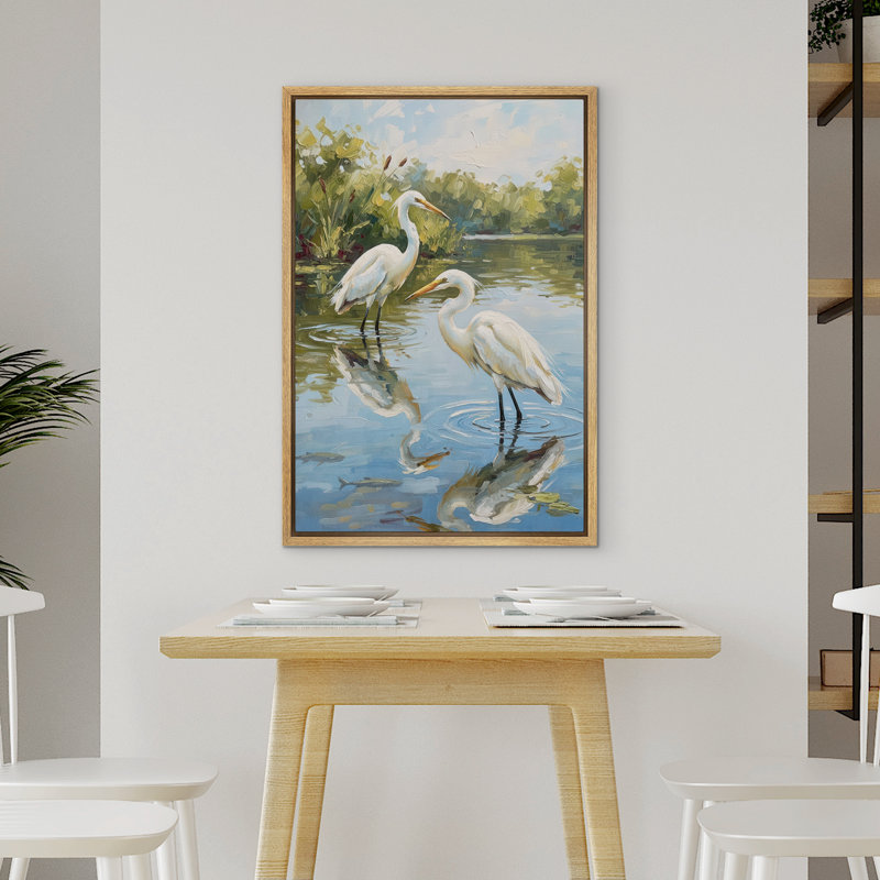 «White Herons» debout dans l'eau, scène de jardin encadrée, reproduction d'art sur toile, H 24 po x l 16 po x P 1,5 po