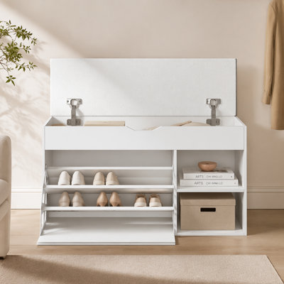Entryway Bench with Shoe Storage,Adjustable 3Tier FlipUp Drawers & Hidden Cabinet,SpaceSaving Shoe Organizer,Triple Storage and Modern Design,for  Hallway and Living Room,White