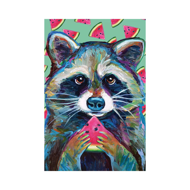 Watermelon Raccoon by Robert Phelps - Print on Canvas, Wrapped Canvas, 20.32 cm H x 30.48 cm W