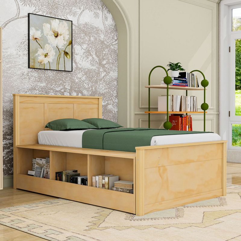 Lit plateforme en bois avec lit gigogne et tablettes de rangement, Naturel, Lit simple