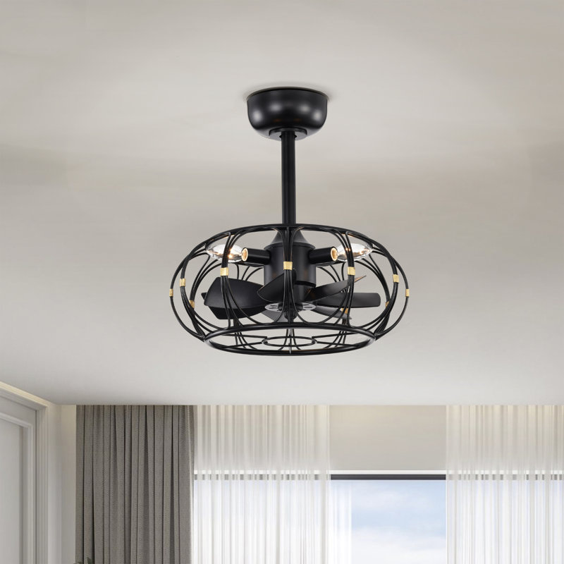Ventilateur de plafond lumineux en cage Eoin avec télécommande 7 pales Fandelier, Noir mat, Noir mat