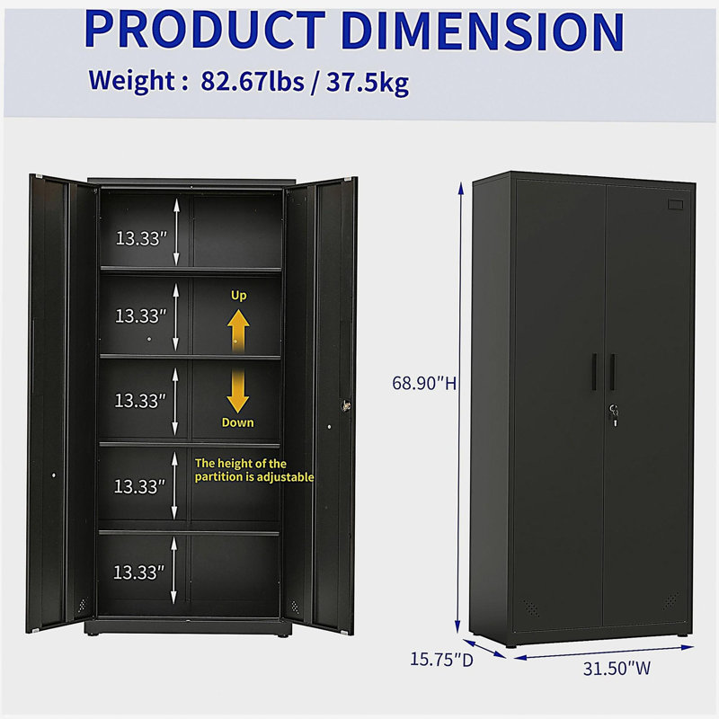 High Storage Cabinet with 2 Doors and 4 Partitions to Separate 5 Storage Spaces, Home/ Office Design, Black