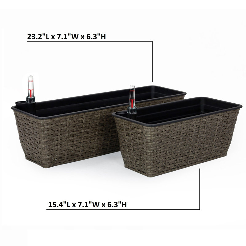 2 Rectangular Dark Gray Planter - Hand Woven Self-Watering Advantageous Practical Plant Holder, Brown