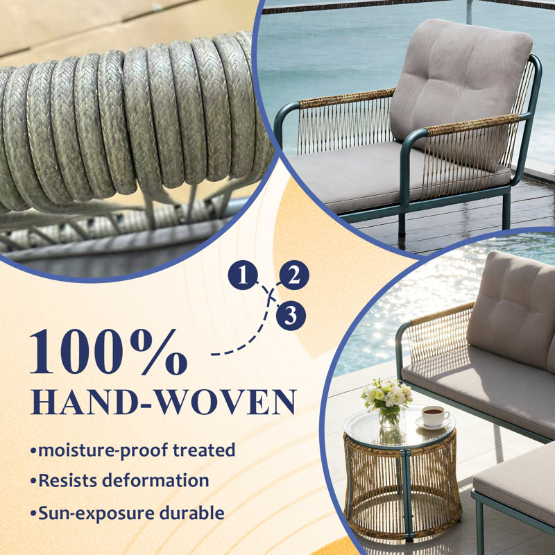 L-Shaped Outdoor Patio Conversation Set: 3-Piece Rattan Sofa with Chaise Lounge & Round Glass Table.