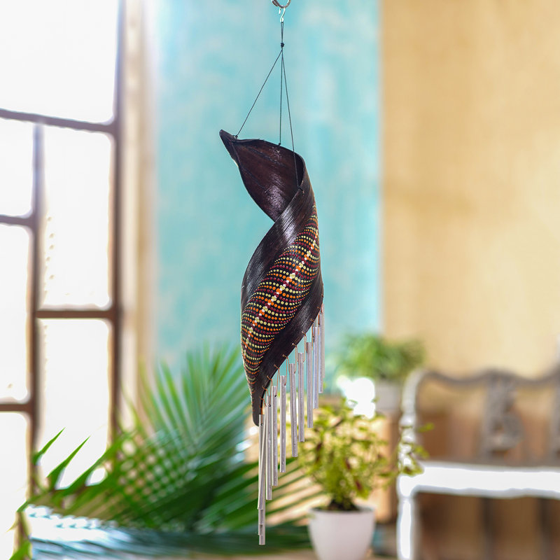 Handcrafted Coconut Fiber and Aluminum Wind Chime with Colorful Dots