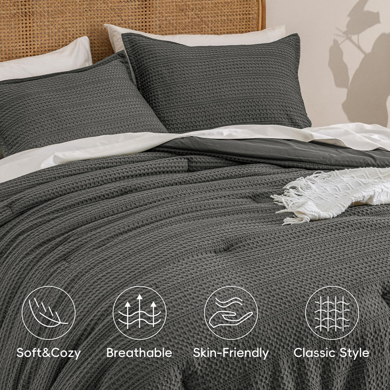 PHF Soft Waffle Comforter Set, Comfy Breathable Lightweight Textured Waffle Weave Comforter Bedding Set, Grey
