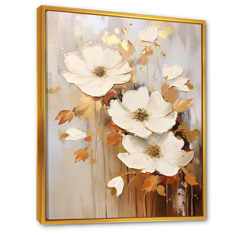 Composition de fleurs saisonnières beiges et dorées sur toile, Cadre flottant doré, H 40 po x l 30 po