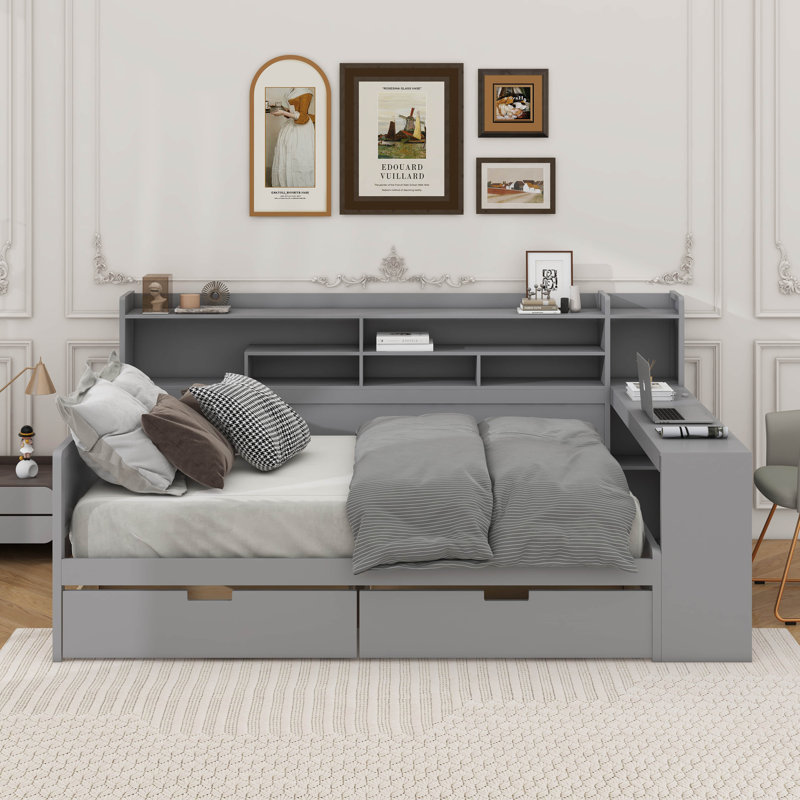 Wooden Daybed With Storage Shelves, Multi-Functional Bed With Two Storage Drawers And Study Desk, Full/Double