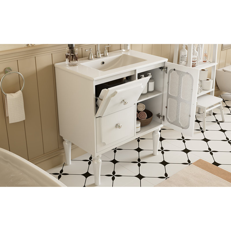 Meuble-lavabo polyvalent en bois massif de conception rétro avec lavabo en céramique brillante - parfait pour les maisons modernes