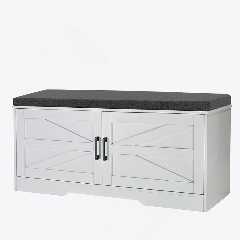 2-Tier Storage Bench, Farmhouse Shoe Bench With Padded Seat Cushion, Entryway Bench With 2 Barn Doors & 2 Adjustable Shelves