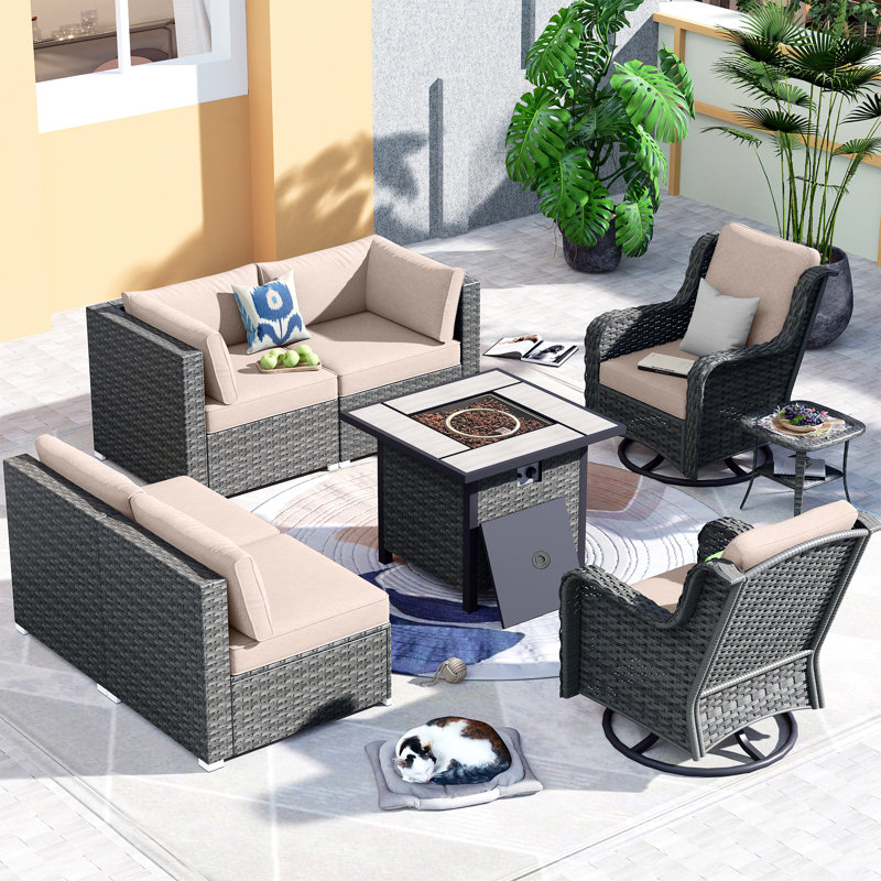 Ensemble de conversation avec canapé et coussins 8 pièces, Beige