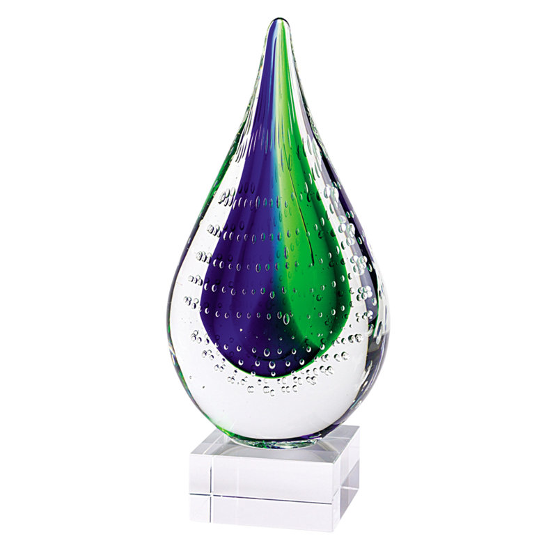Mitford 11" Clear Blue and Green Murano Glass Modern Abstract Tabletop Sculpture, 9" H x 4.5" W x 3" D