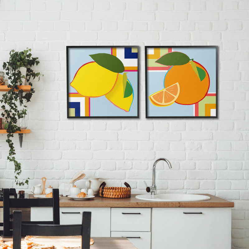 Ensemble de 2 giclées encadrées géométriques aux agrumes, design par Daniela Santiago, H 17 po x l 34 po