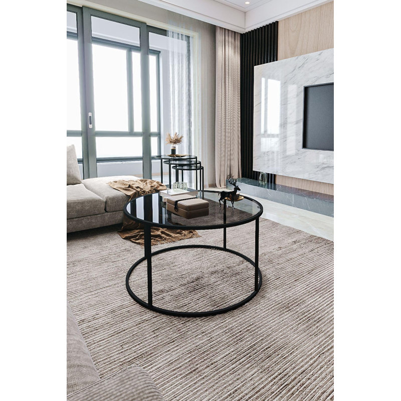 Table basse ronde en verre trempé fumé Startis, H 18 po x L 32 po x l 32 po, Gris, Noir