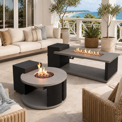 2-Piece Propane Fire Pit Table Set With Rectangular & Round Tables, 50,000 BTU Heat Output, Hidden Tank Storage, Burner Lid, Lava Rocks & Rain Cover