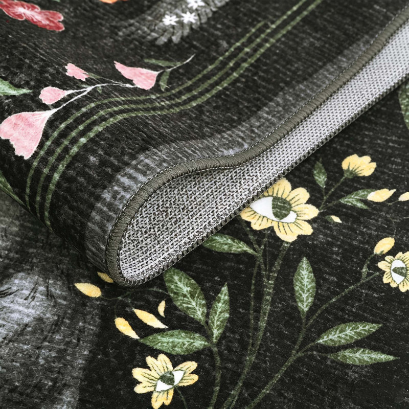 Tapis floral et chat lavable pour salle de bain, salon et chambre à coucher, Noir, Rectangle 84 po x 60 po
