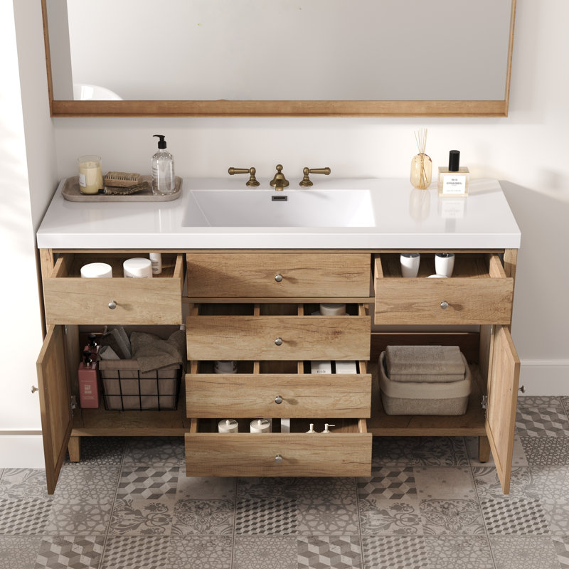 Meuble-lavabo moderne avec lavabo SMC, grand rangement, tiroirs à fermeture en douceur, portes en rotin et pieds en pin naturel