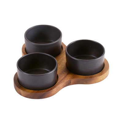 Kalmar Home Triangular Serving Set with 3 Black Ceramic Dishes with Lids