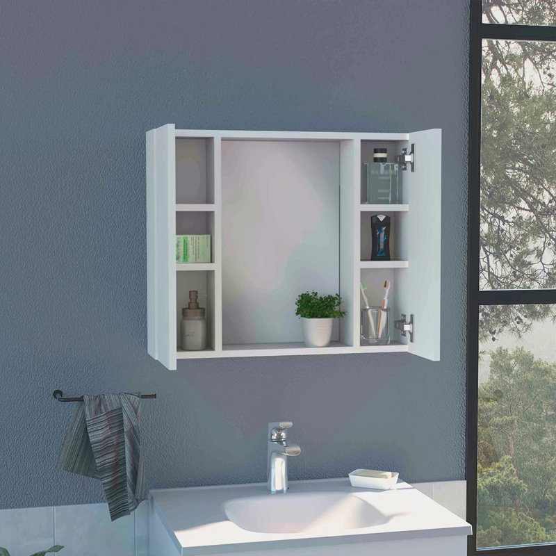 Medicine Cabinet, Double Door, Mirror, One External Shelf, White