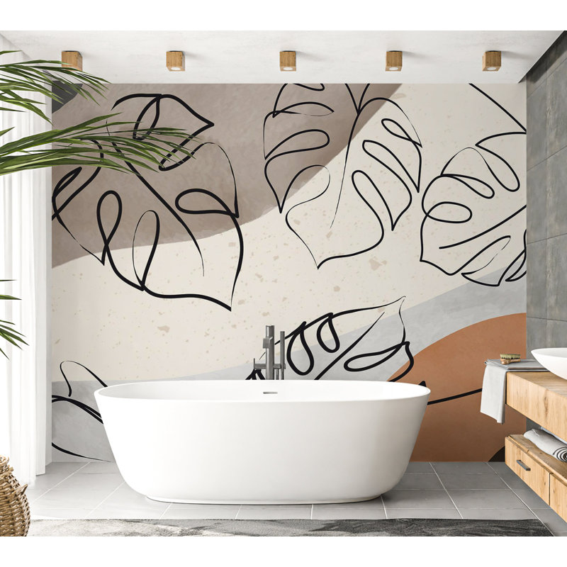 Murale botanique pelez et collez - feuilles de Monstera minimalistes, L 110 po x l 154 po
