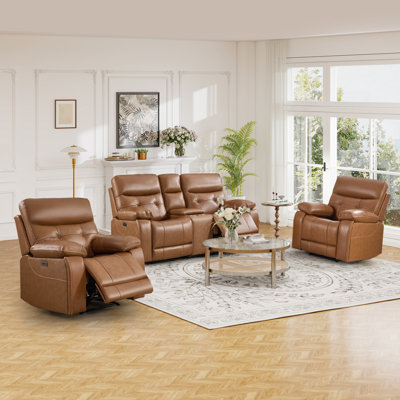 Ensemble de salon inclinable électrique 3 pièces: 2 chaises simples en cuir fleur + causeuse avec port USB, porte-gobelets et console de rangement