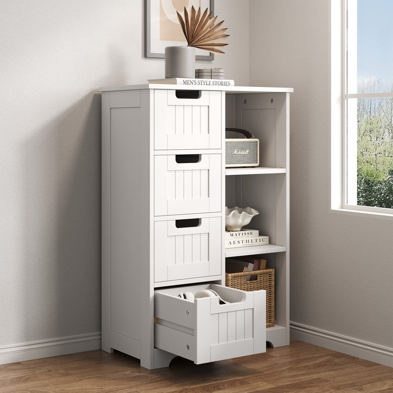Wooden Floor Storage Cabinet, Side Storage Cupboard with 4 Drawers, Freestanding Entryway/Bathroom Storage Organizer